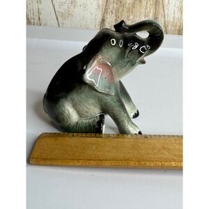 Vintage Ceramic Elephant Figurine Japan Green Gray Trunk Up Desk Decor